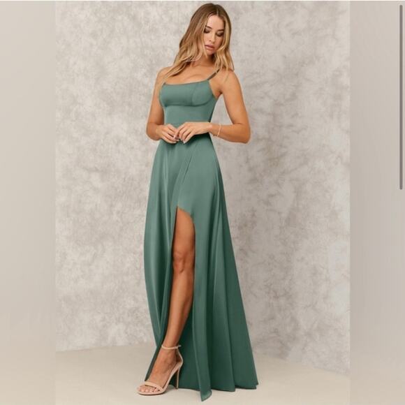 Azazie A-Line Side Slit Stretch Satin Floor Length Dress Gown Plus Size 28 Green - Picture 1 of 8